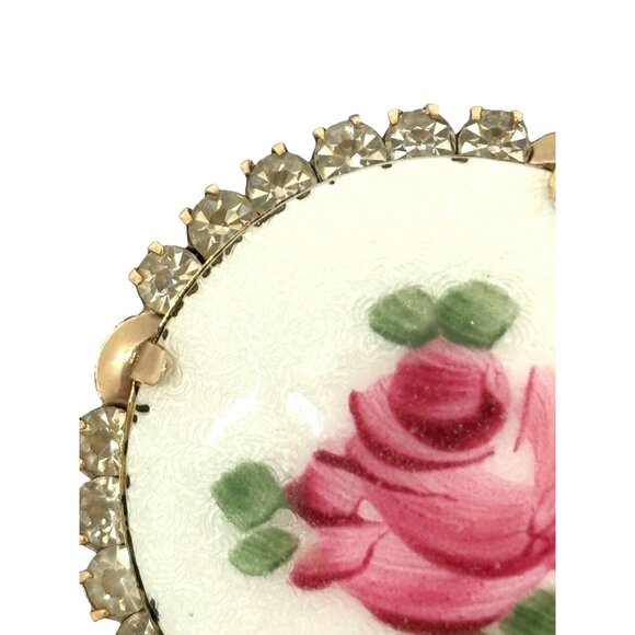 Vintage Floral Porcelain Rose Brooch With Rhinestone Accents - Picture 5 of 11